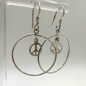 Silver Tone Peace Sign Hoop Earrings